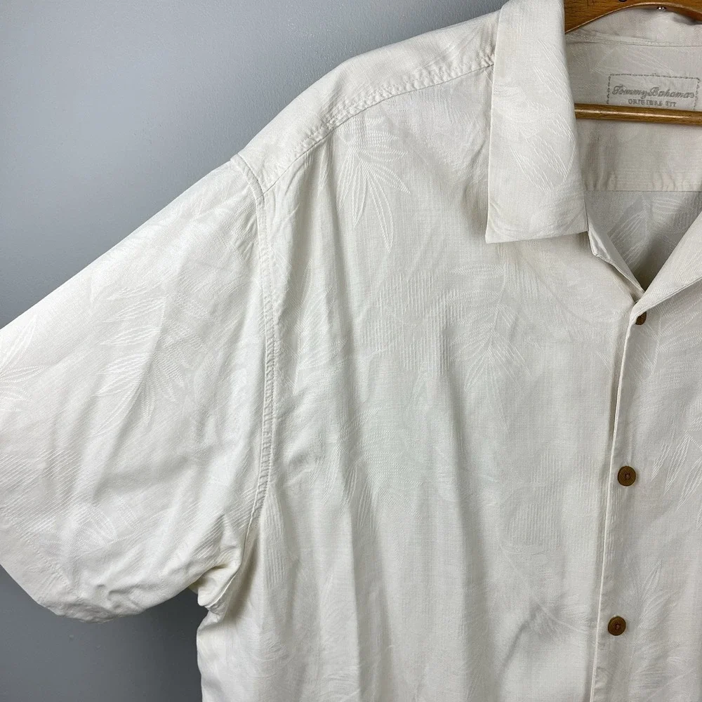 Tommy Bahama Silk Shirt Mens 3XL Ivory Jacquard Leaf Feather Short Sleeve